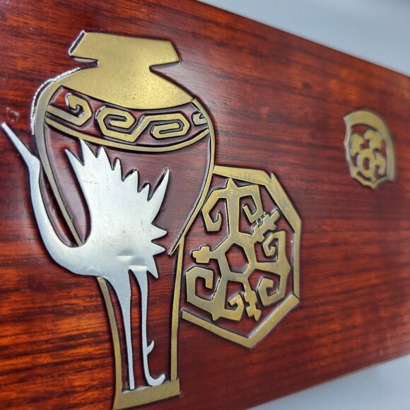 Vintage Asian Decorative Wooden Trinket Box Metal Inlays with Lid - Picture 8 of 16